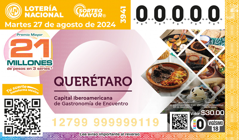 Querétaro celebra su gastronomía con billete conmemorativo de la Lotería Nacional